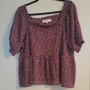 LOFT Red and White Puff Sleeve Smocked Blouse